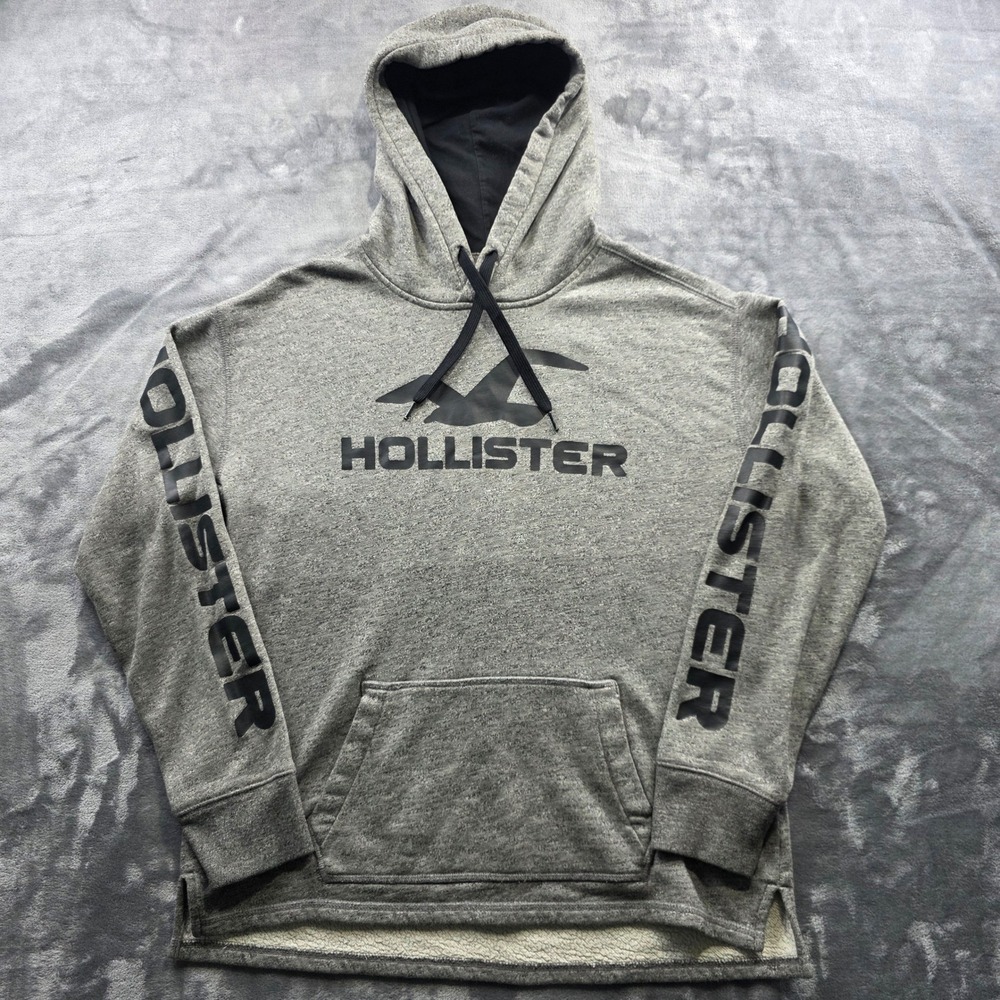 Hollister Hoodie Small Gray Mens Regular Fit Cotton Blend Logo Sleeve Pullover